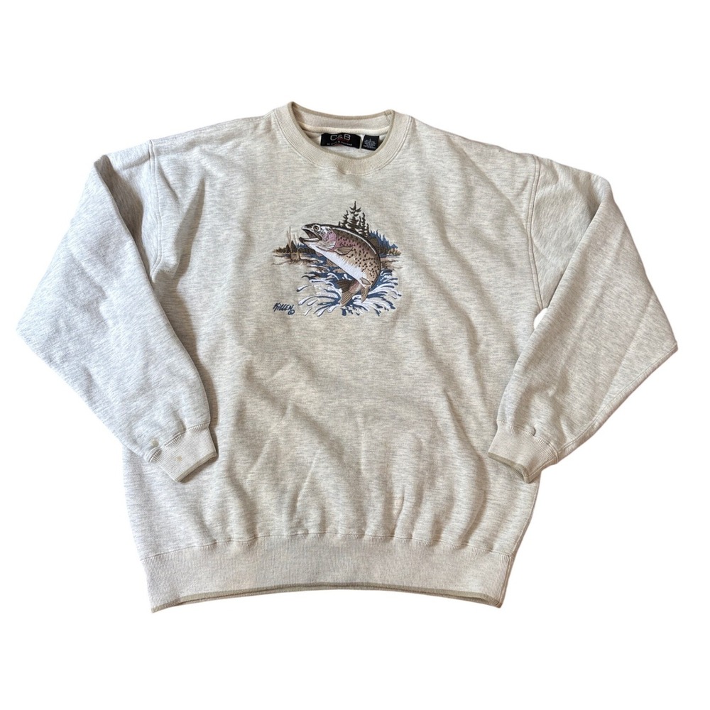 Croft & Barrow Sweatshirt Mens Oatmeal Vintage Trout Fish Embroidered SIZE L